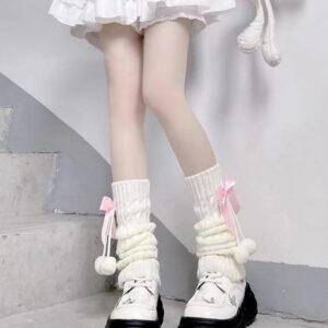 Brexiamin Long Lolita Leg Warmers for Women Harajuku Japanese Wool Cable Knit Thigh High Leg Warmers Loose Socks (Pink)