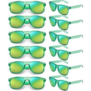 12 pack 80s neon party sunglasses bulk, fun clear green frame mirror sunglasses set for women men party favors