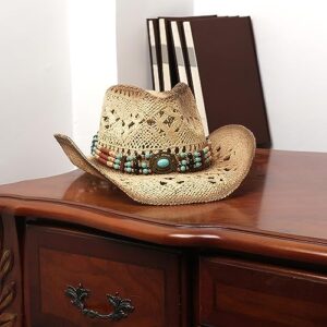 Men's Women's Straw Cowboy Hat Cowgirl Woven Sun Hat Western Cowboy Hat Two Decorative Bands