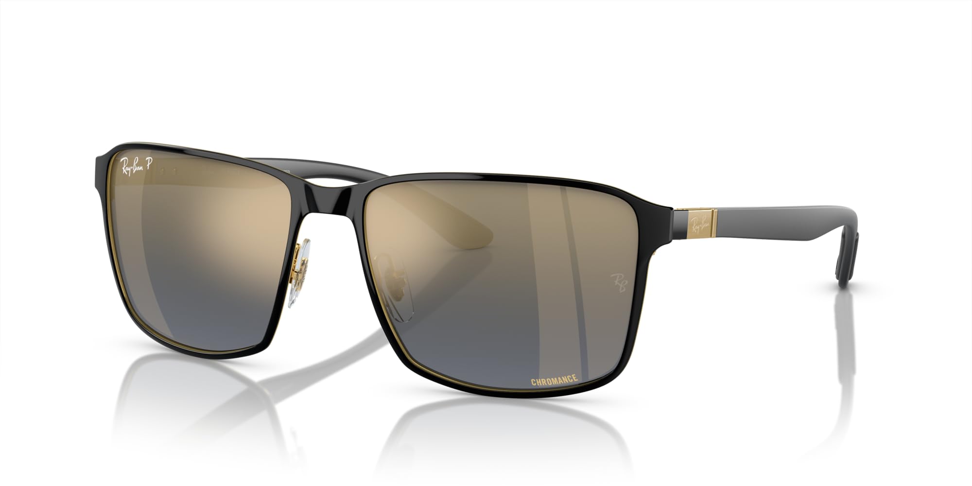 Ray-Ban Rb3721Ch Chromance Square Sunglasses, Black On Gold/Blue Mirrored Gold Polarized, 59 mm