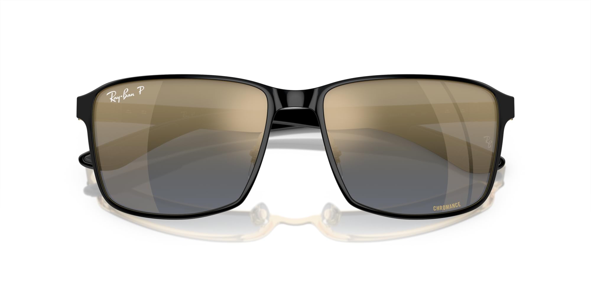 Ray-Ban Rb3721Ch Chromance Square Sunglasses, Black On Gold/Blue Mirrored Gold Polarized, 59 mm