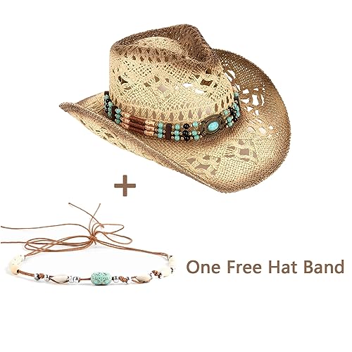 Men's Women's Straw Cowboy Hat Cowgirl Woven Sun Hat Western Cowboy Hat Two Decorative Bands