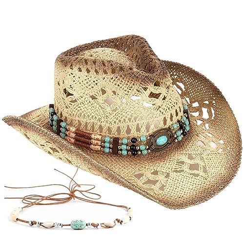 Men's Women's Straw Cowboy Hat Cowgirl Woven Sun Hat Western Cowboy Hat Two Decorative Bands