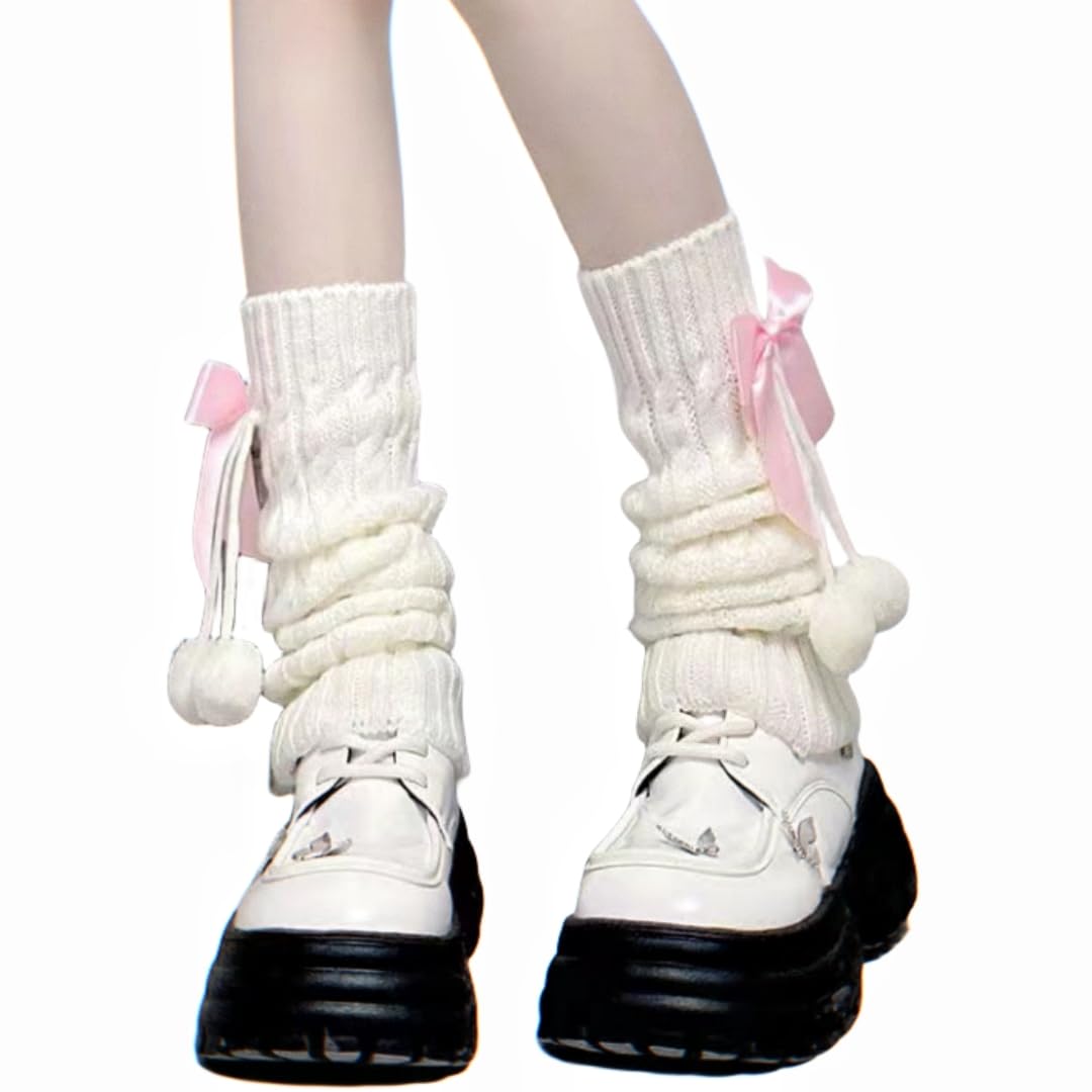 Brexiamin Long Lolita Leg Warmers for Women Harajuku Japanese Wool Cable Knit Thigh High Leg Warmers Loose Socks (Pink)