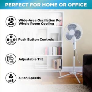 EZ-CHILL 16” Oscillating Pedestal Fan, 3-speed Options, 90-Degree Oscillating Head, Adjustable Height and Tilt, Powerful Air Flow, White, MTSP15-16AZ