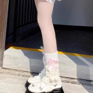 Brexiamin Long Lolita Leg Warmers for Women Harajuku Japanese Wool Cable Knit Thigh High Leg Warmers Loose Socks (Pink)