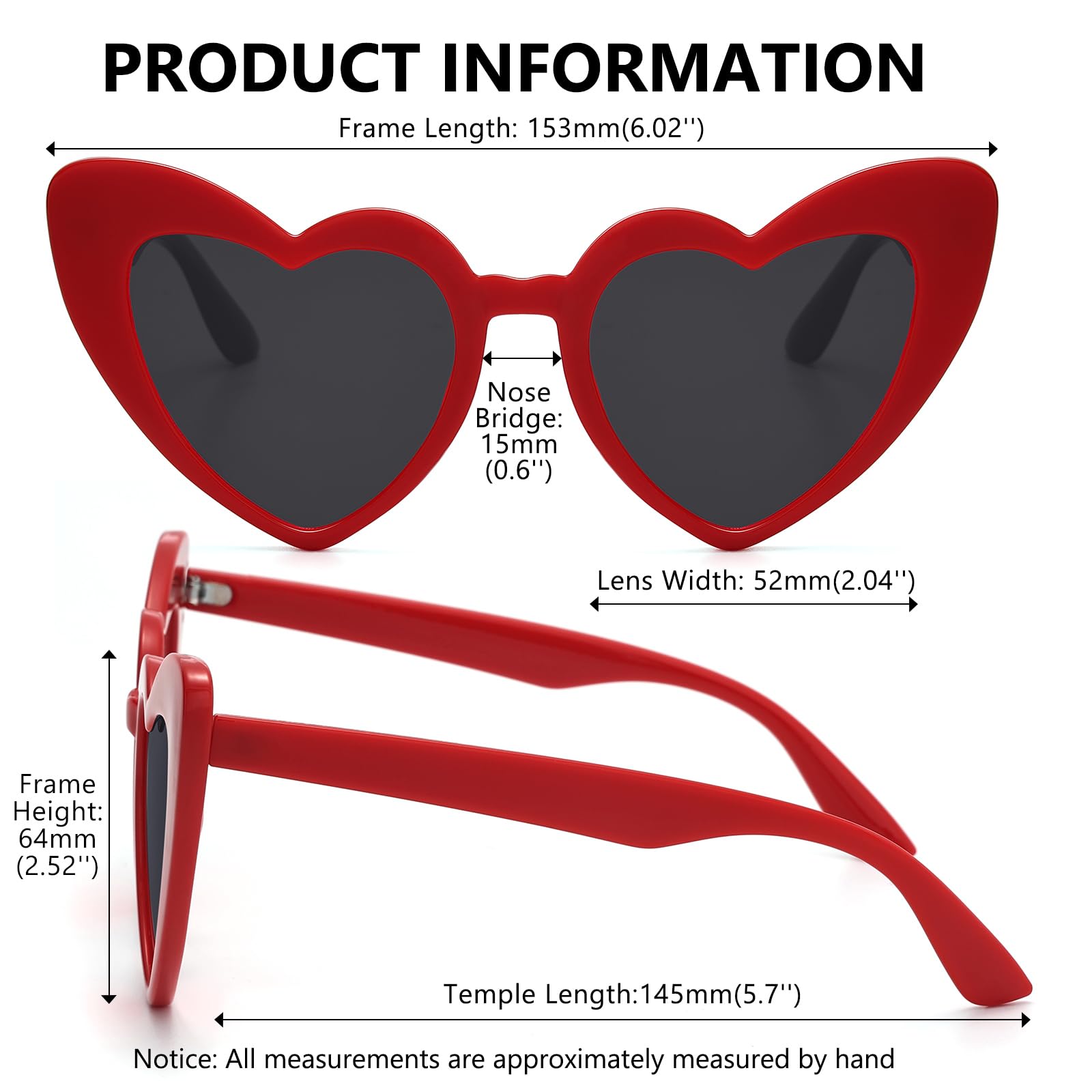 LIKSMU Heart Sunglasses for Women Trendy Cat Eye Love Shaped Sunglasses Vintage Lovely Shades Retro Cute Sun Glasses Party Favors Music Concert Red