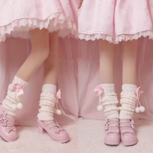 Brexiamin Long Lolita Leg Warmers for Women Harajuku Japanese Wool Cable Knit Thigh High Leg Warmers Loose Socks (Pink)