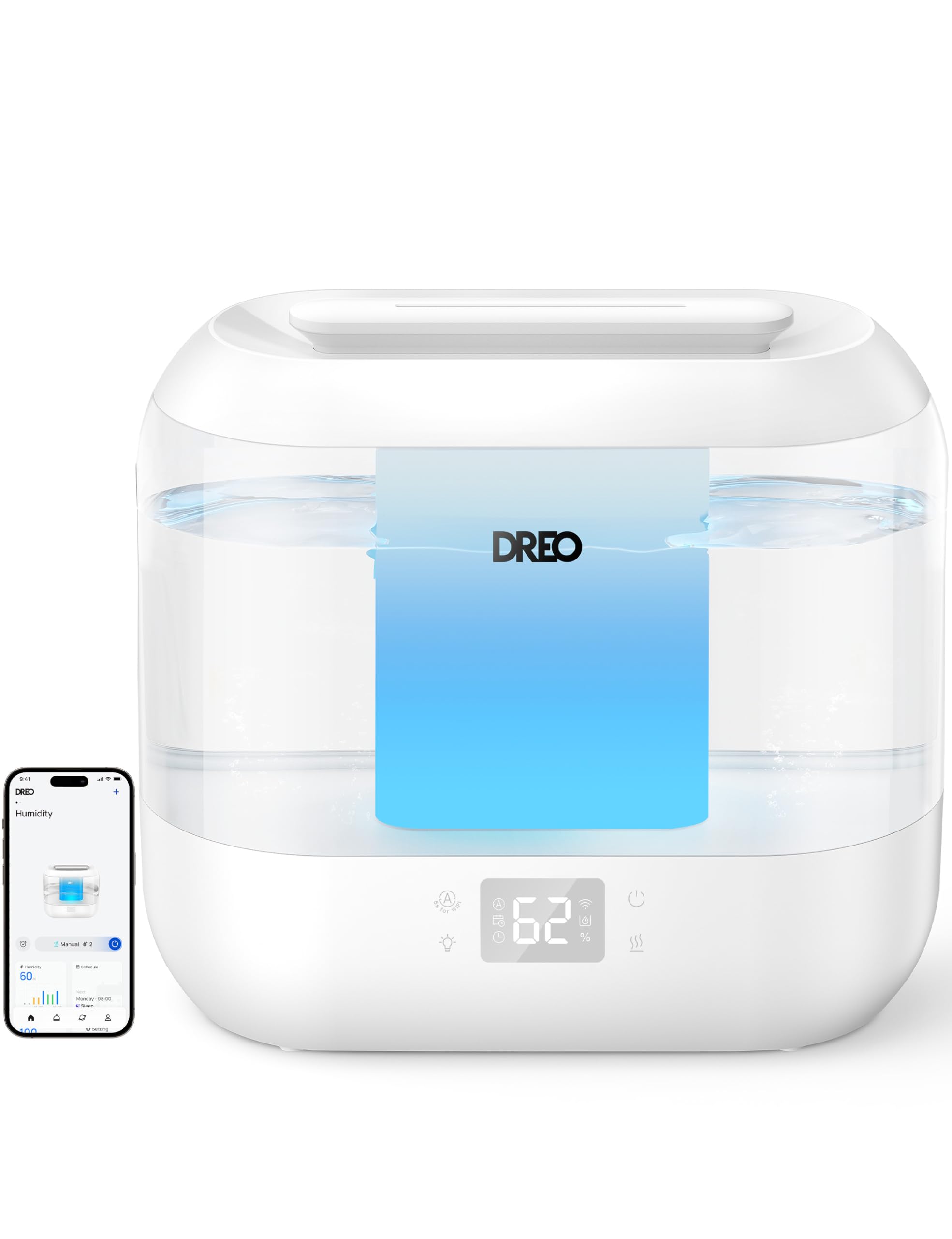 Dreo Smart Humidifier, Cool Mist Humidifiers for Bedroom, Quiet 4L Top Fill Ultrasonic Humidifiers for Home Office Plant & Baby with Nightlight, LED Display, 32H Runtime, APP/Voice Control, HM311S