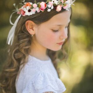 WOVOWOVO Rose Flower Crown for Women Baby Girls, Adjustable Flower Girl Headpiece with Ribbon Fairy Crown Pink Bride Hair Accessories Wedding Boho Flower Headband Festival Photo Props