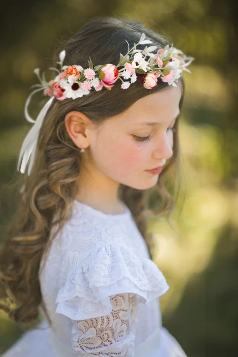 WOVOWOVO Rose Flower Crown for Women Baby Girls, Adjustable Flower Girl Headpiece with Ribbon Fairy Crown Pink Bride Hair Accessories Wedding Boho Flower Headband Festival Photo Props