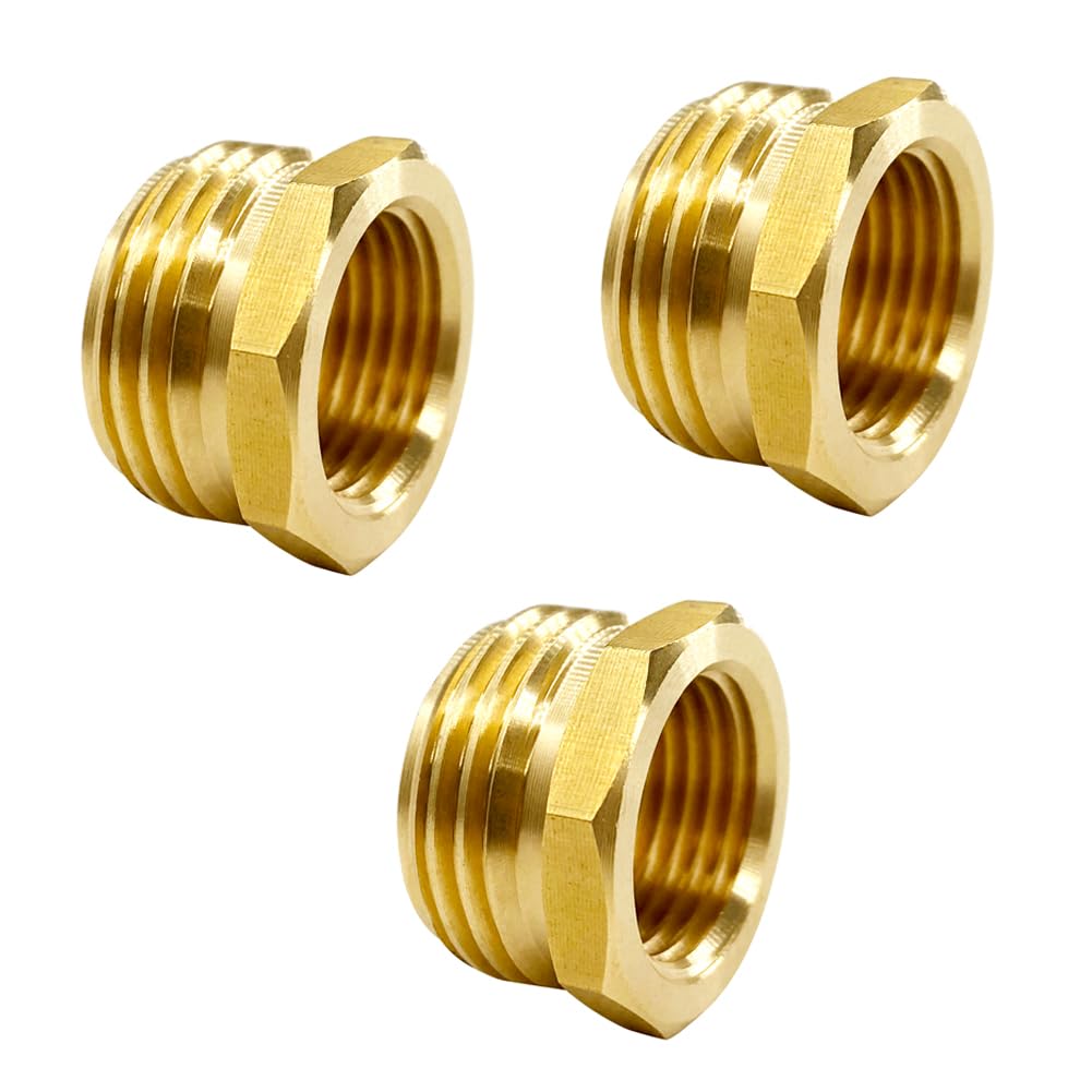 GESHATEN 3/4” GHT Male x 1/2” NPT Female Connector, Brass Garden Hose Fitting, Adapter, Industrial Metal Brass Garden Hose to Pipe Fittings Connect (3 Pack)