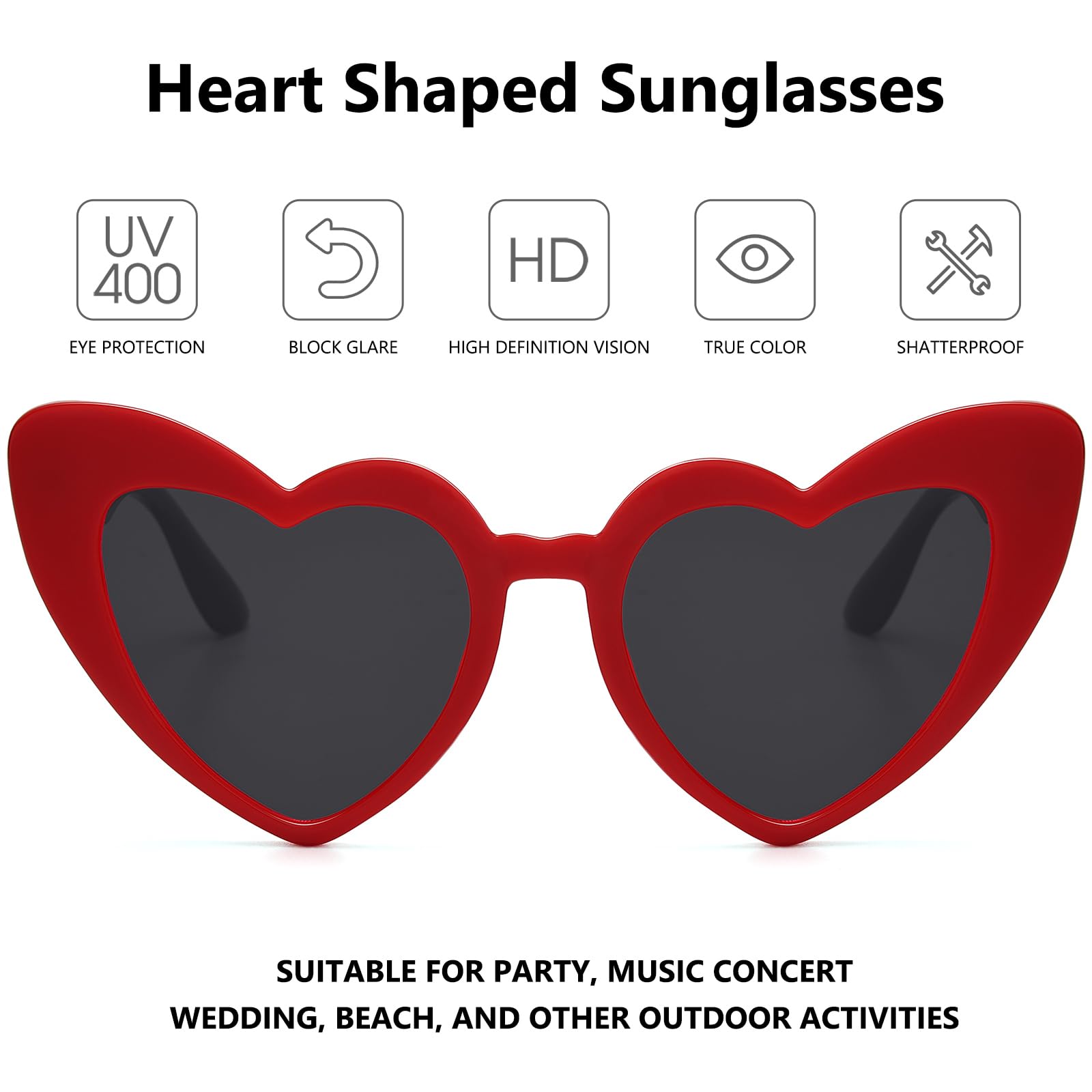 LIKSMU Heart Sunglasses for Women Trendy Cat Eye Love Shaped Sunglasses Vintage Lovely Shades Retro Cute Sun Glasses Party Favors Music Concert Red