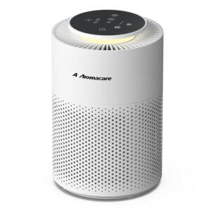 a aromacare air purifiers for bedroom home, true hepa filter cleaner with timer, night light, safety lock, effectively clean 99.93% hair, smoke, dust, pet dander, odors, desktop, portable, white