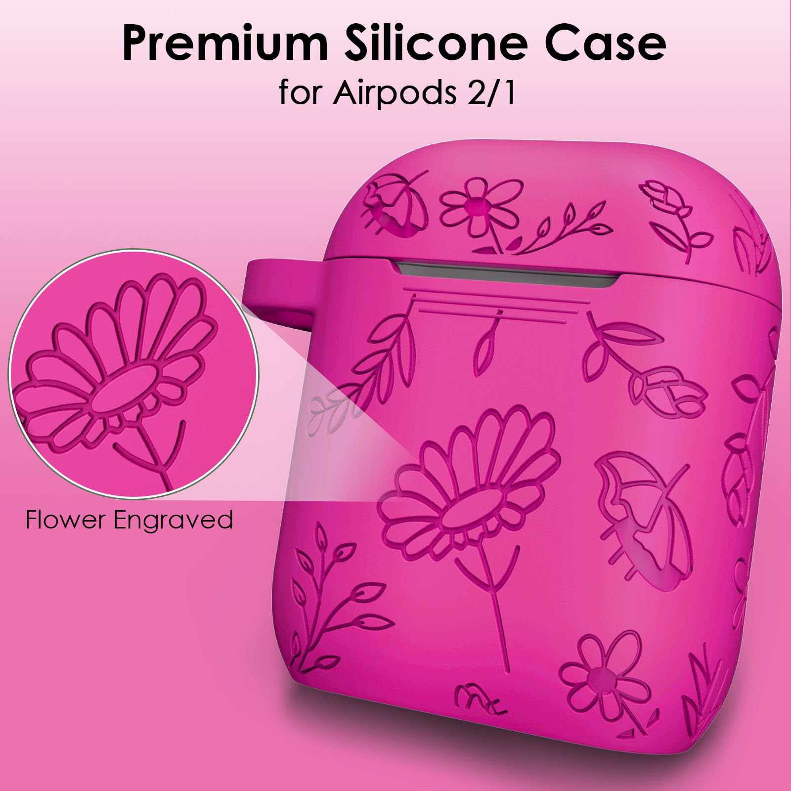 Silicone Flower Engraved Protective Case Cover Skin Cover with Keychain for Women Girls (Fuchsia Pink)