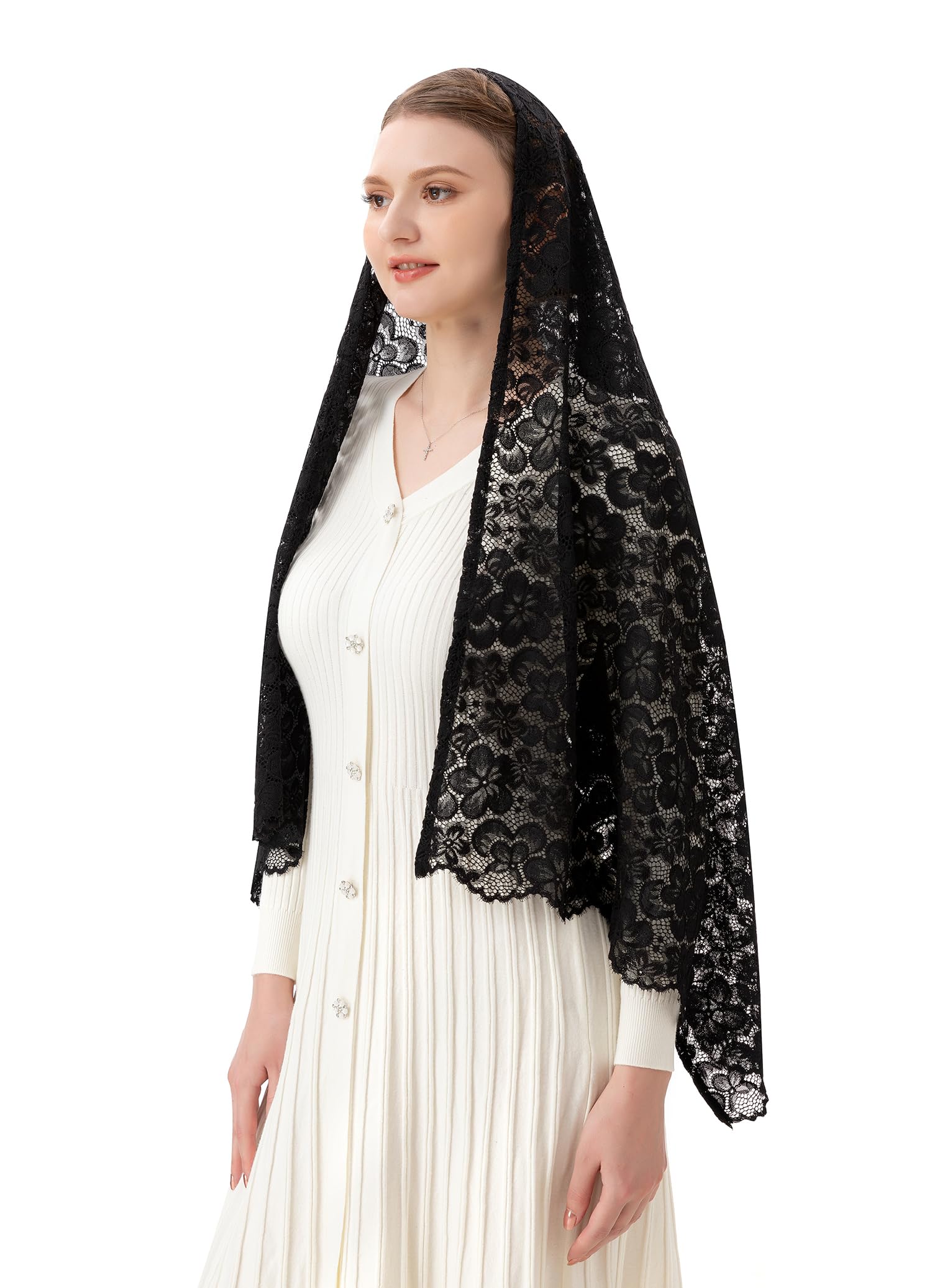 PAMOR Women Rectangular Chapel Veil Scarf Catholic Church Veils Mantilla Wrap Shawl Mass Head Covering (Black)