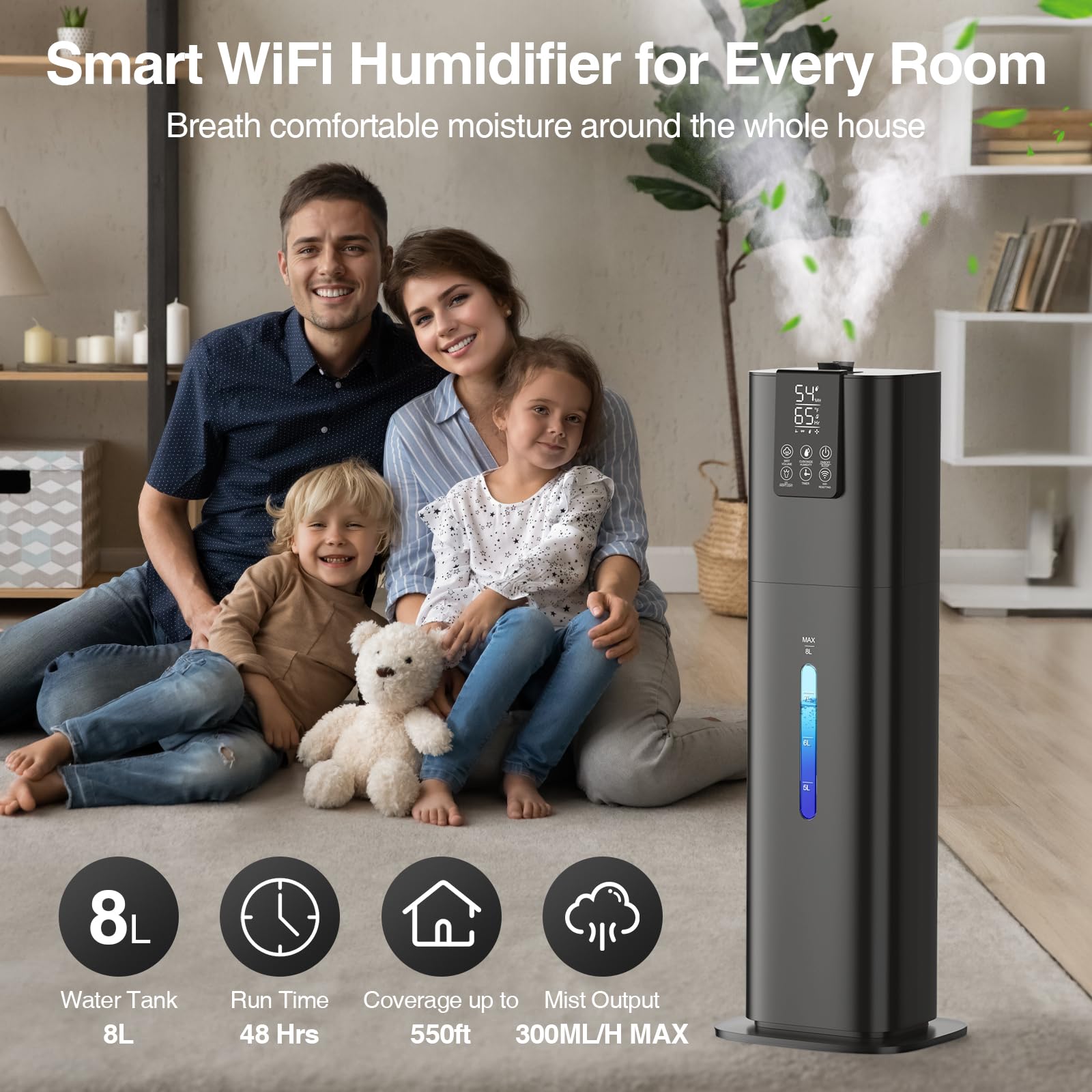 Honovos Smart Humidifiers Large Room Bedroom Home, 2.11Gal(8L) Quiet Top Fill Cool Mist Humidifier, Smart App & Remote Control, 3 Speed Humidifier with 360° Nozzle, Humidity Setting for Baby Office