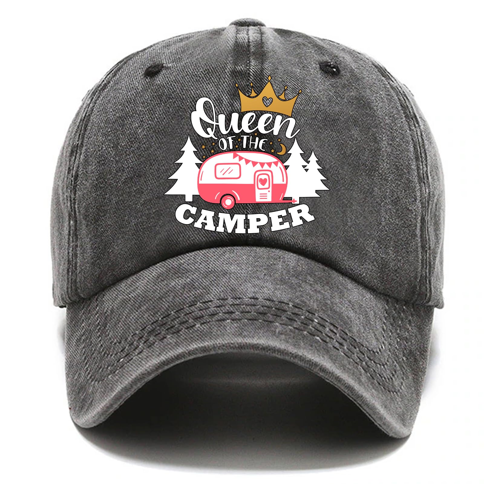 Pishovi Queen of The Camper Funny Distressed Washed Black Baseball Cap, Vintage Adjustable Cotton Cap, Retirement Gifts for Men and Women, Birthday Gift for Mom Wife Sister BFF Camping Lovers