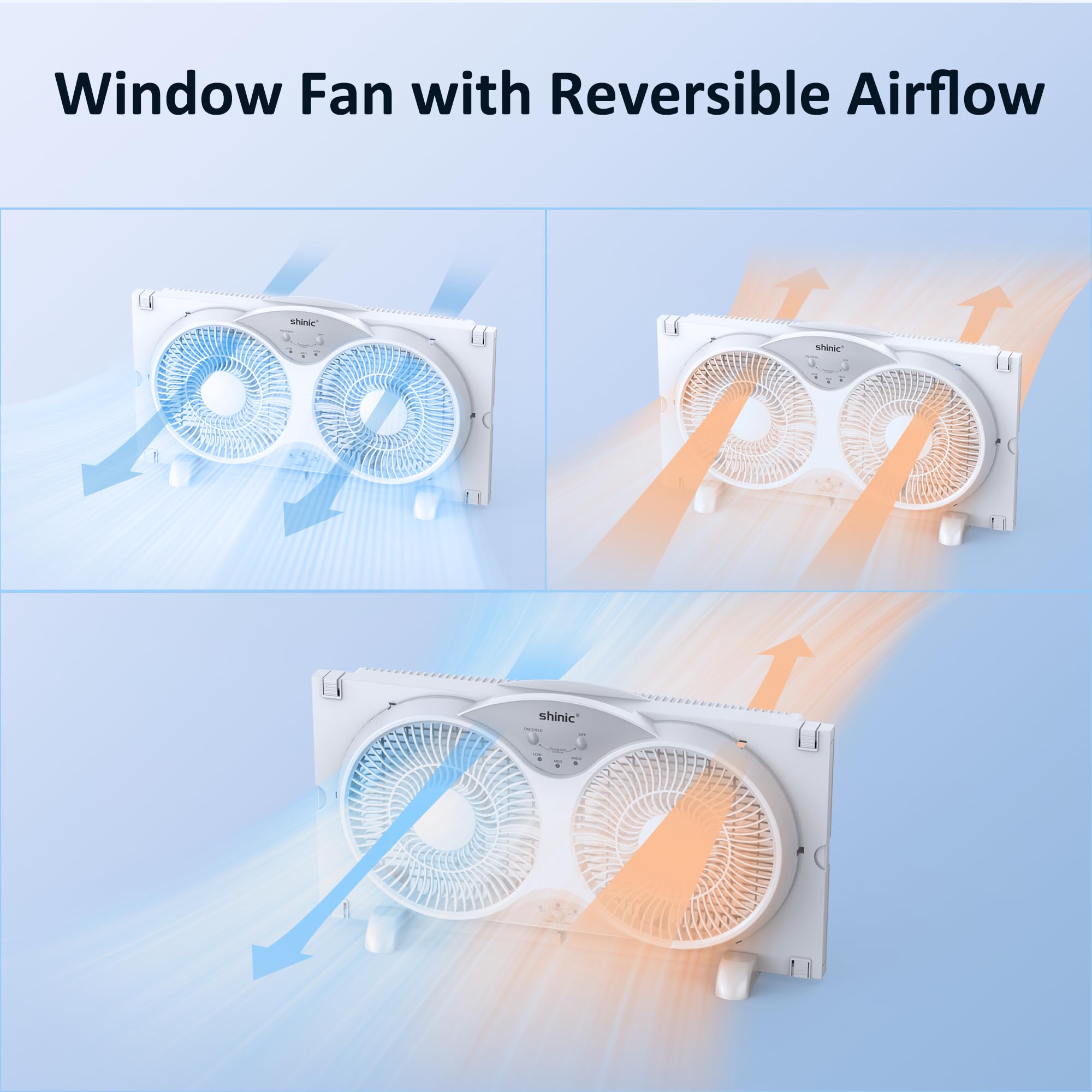 shinic 9" Twin Window Fan with Remote Control,Reversible Airflow,Removable Cover,3 Speeds, 3 Modes, Expandable Panels (From 24" to 37"),ETL Certified, White