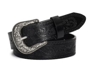 vintage western-cowboy-belt for women men - carved buckle pu leather waist belts (for waist 28"-39")