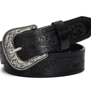 Vintage Western-Cowboy-Belt for Women Men - Carved Buckle PU Leather Waist Belts (for Waist 28"-39")