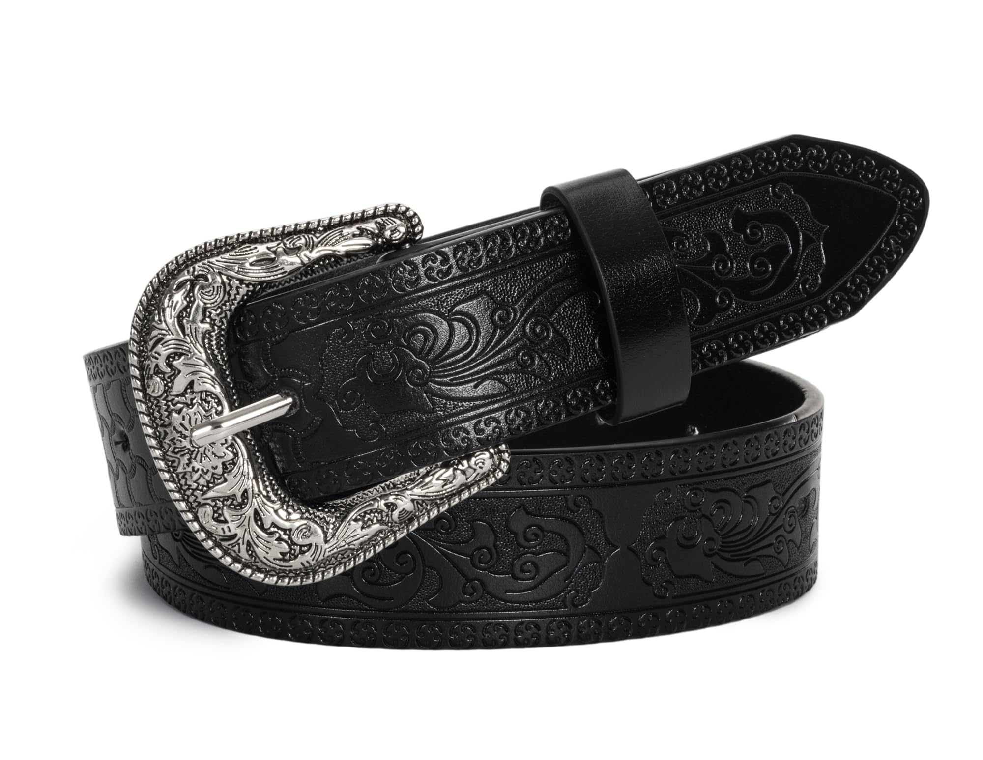 Vintage Western-Cowboy-Belt for Women Men - Carved Buckle PU Leather Waist Belts (for Waist 28"-39")