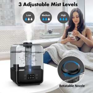 Humidifiers for Bedroom, Cool Mist Humidifiers for Large Room Home Baby, 5L Top Fill Ultrasonic Air Humidifier Quiet for Plants with Remote Control, Essential Oil Diffuser, Rotatable Nozzle - Black