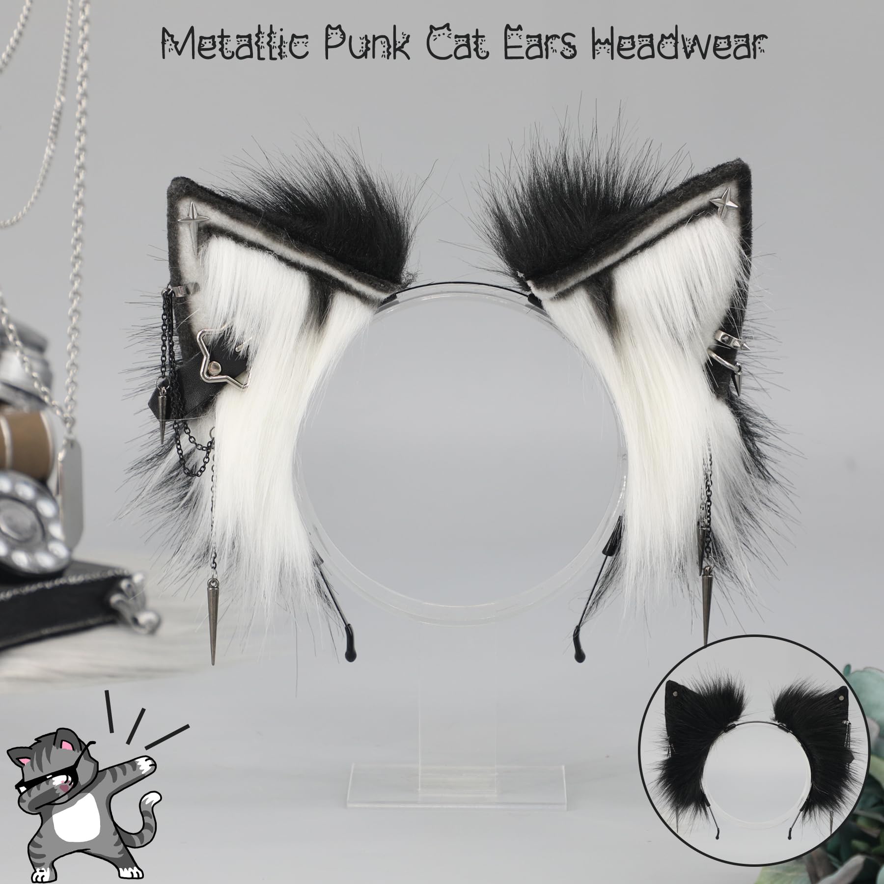 Kidukso Metal Punk Cat Ears Faux Fur Headdress - Cool Animal Ears Headband for Adult Women Men, Halloween Cosplay, Comic Con Props and Hair Accessories, Black