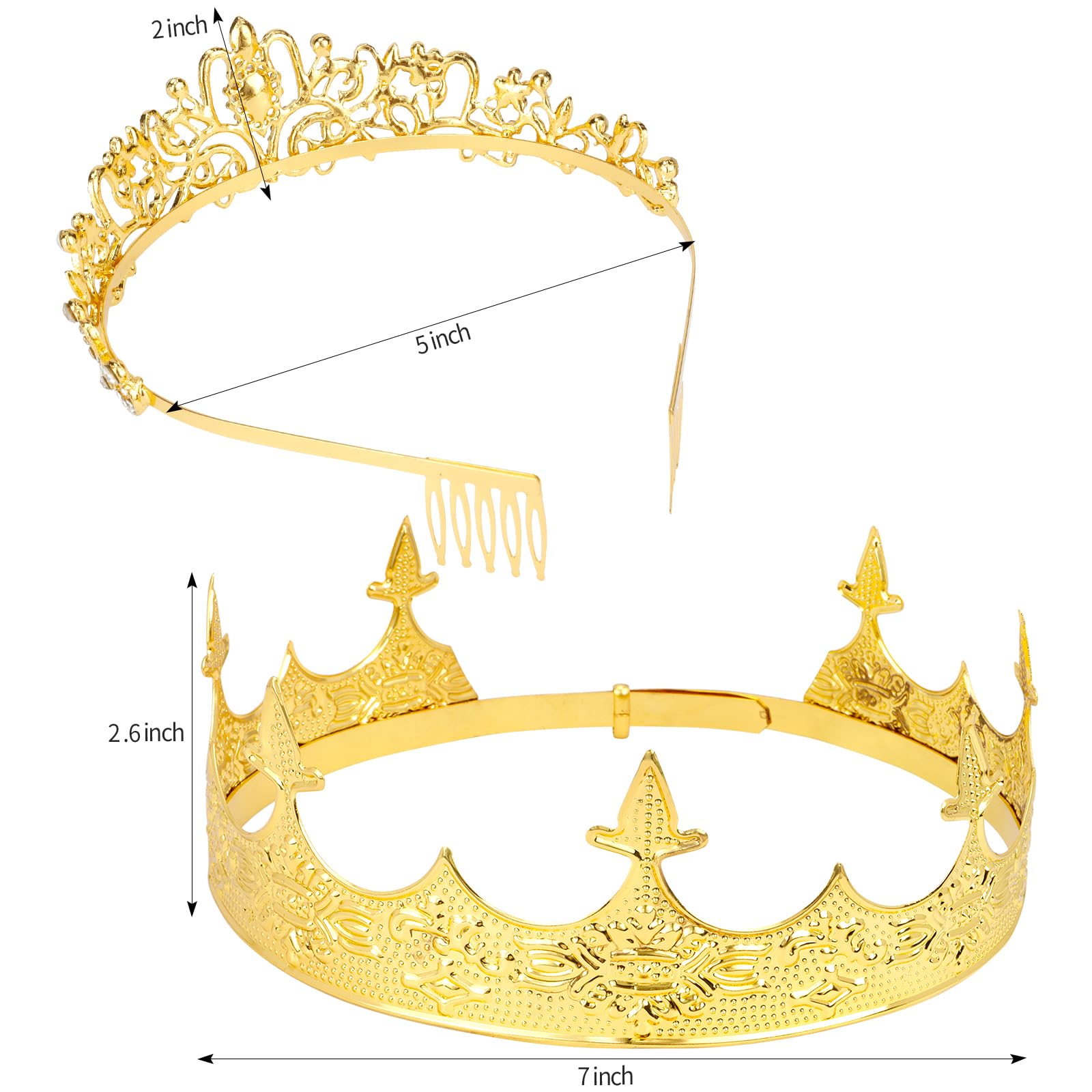 VELSCRUN 2 Pcs Crown for Men Women, Crowns for Men Metal, Gold King Queen Crown Tiaras for Women, Prince Crown Princess Tiaras for Girls, Birthday Prom Wedding Halloween Party Hair Accessories