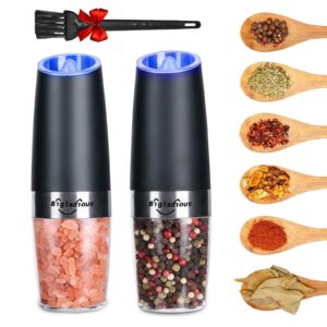 gravity electric salt and pepper grinder set, 2 pack food grade stainless steel automatic black pepper mills, battery-powered with led lights, adjustable coarseness, one hand operation (black)