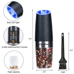 Gravity Electric Salt and Pepper Grinder Set, 2 Pack Food Grade Stainless Steel Automatic Black Pepper Mills, Battery-Powered with LED Lights, Adjustable Coarseness, One Hand Operation (Black)