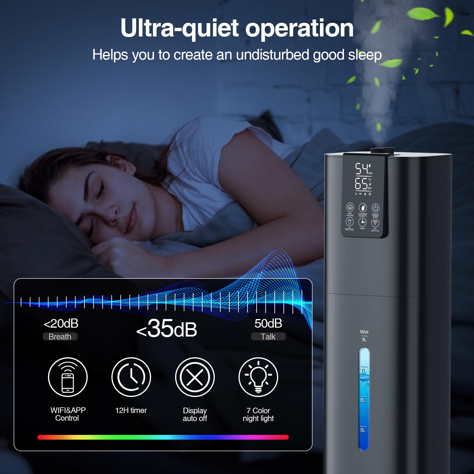 Honovos Smart Humidifiers Large Room Bedroom Home, 2.11Gal(8L) Quiet Top Fill Cool Mist Humidifier, Smart App & Remote Control, 3 Speed Humidifier with 360° Nozzle, Humidity Setting for Baby Office