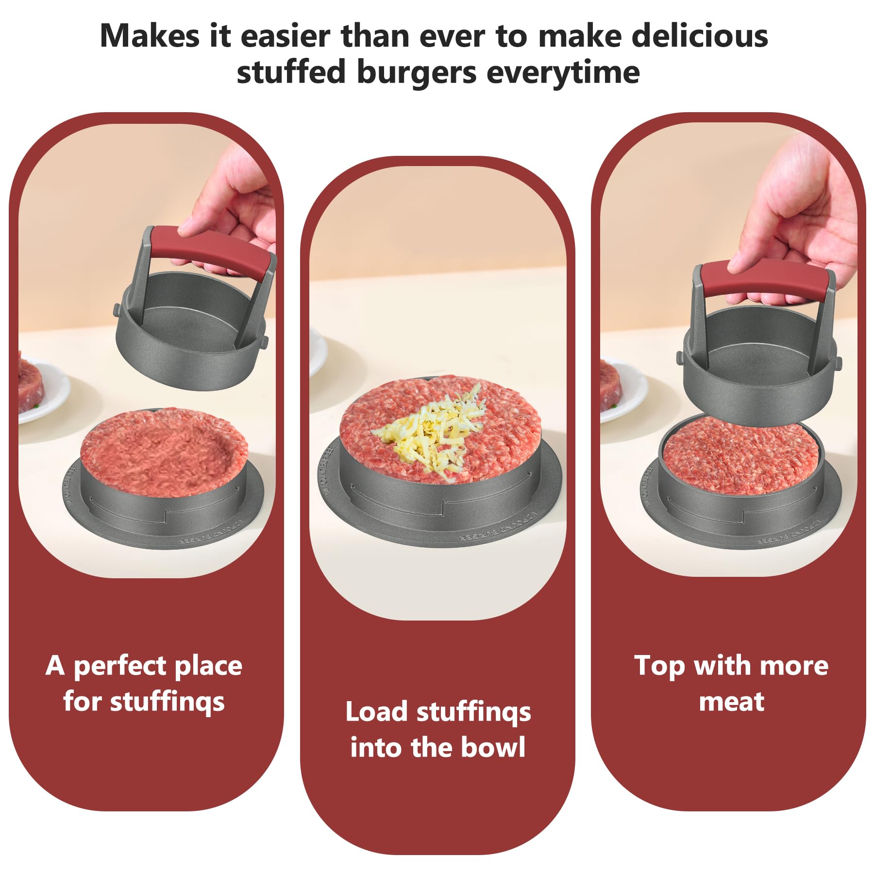 PIQUEBAR Burger Press Patty Maker 3 in 1 Stuffed Heavy Duty Hamburger Patty Maker Adjustable Burger Mold 1/2 1/3 1/4 lb Non-Stick with 100 Patty Papers