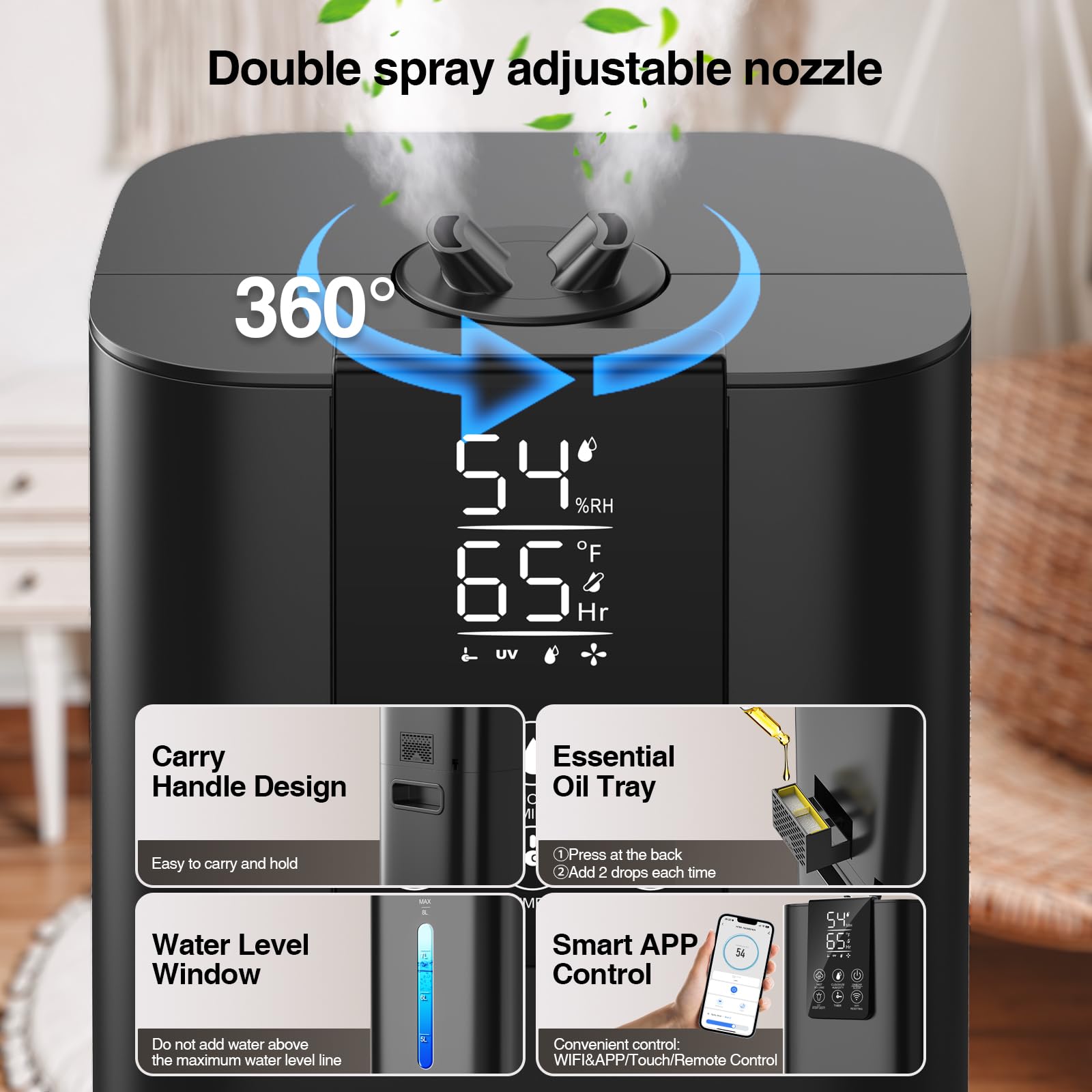 Honovos Smart Humidifiers Large Room Bedroom Home, 2.11Gal(8L) Quiet Top Fill Cool Mist Humidifier, Smart App & Remote Control, 3 Speed Humidifier with 360° Nozzle, Humidity Setting for Baby Office