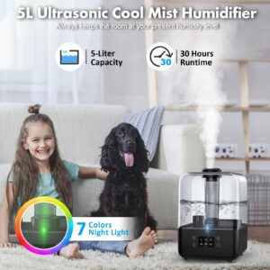 Humidifiers for Bedroom, Cool Mist Humidifiers for Large Room Home Baby, 5L Top Fill Ultrasonic Air Humidifier Quiet for Plants with Remote Control, Essential Oil Diffuser, Rotatable Nozzle - Black