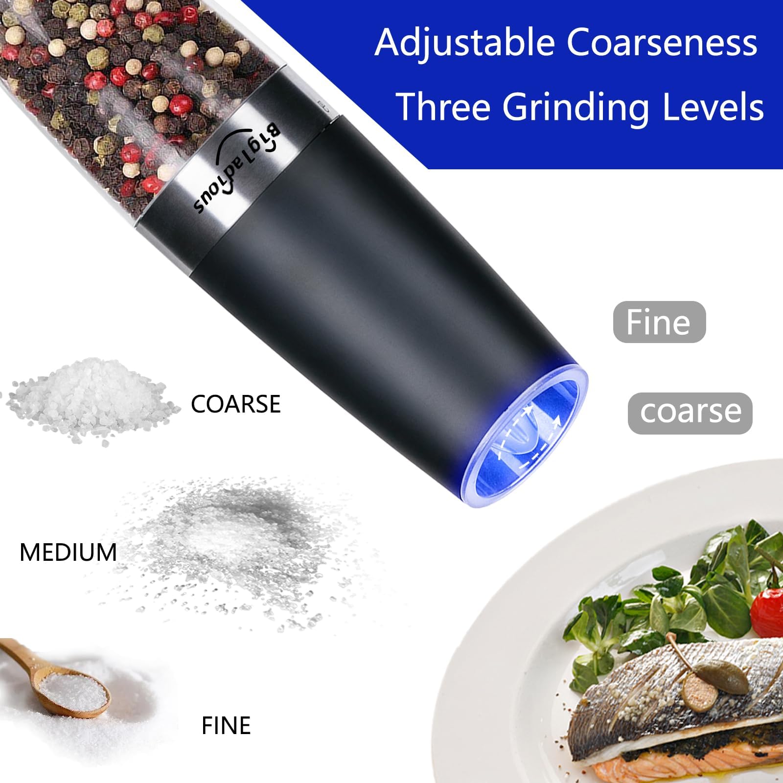 Gravity Electric Salt and Pepper Grinder Set, 2 Pack Food Grade Stainless Steel Automatic Black Pepper Mills, Battery-Powered with LED Lights, Adjustable Coarseness, One Hand Operation (Black)