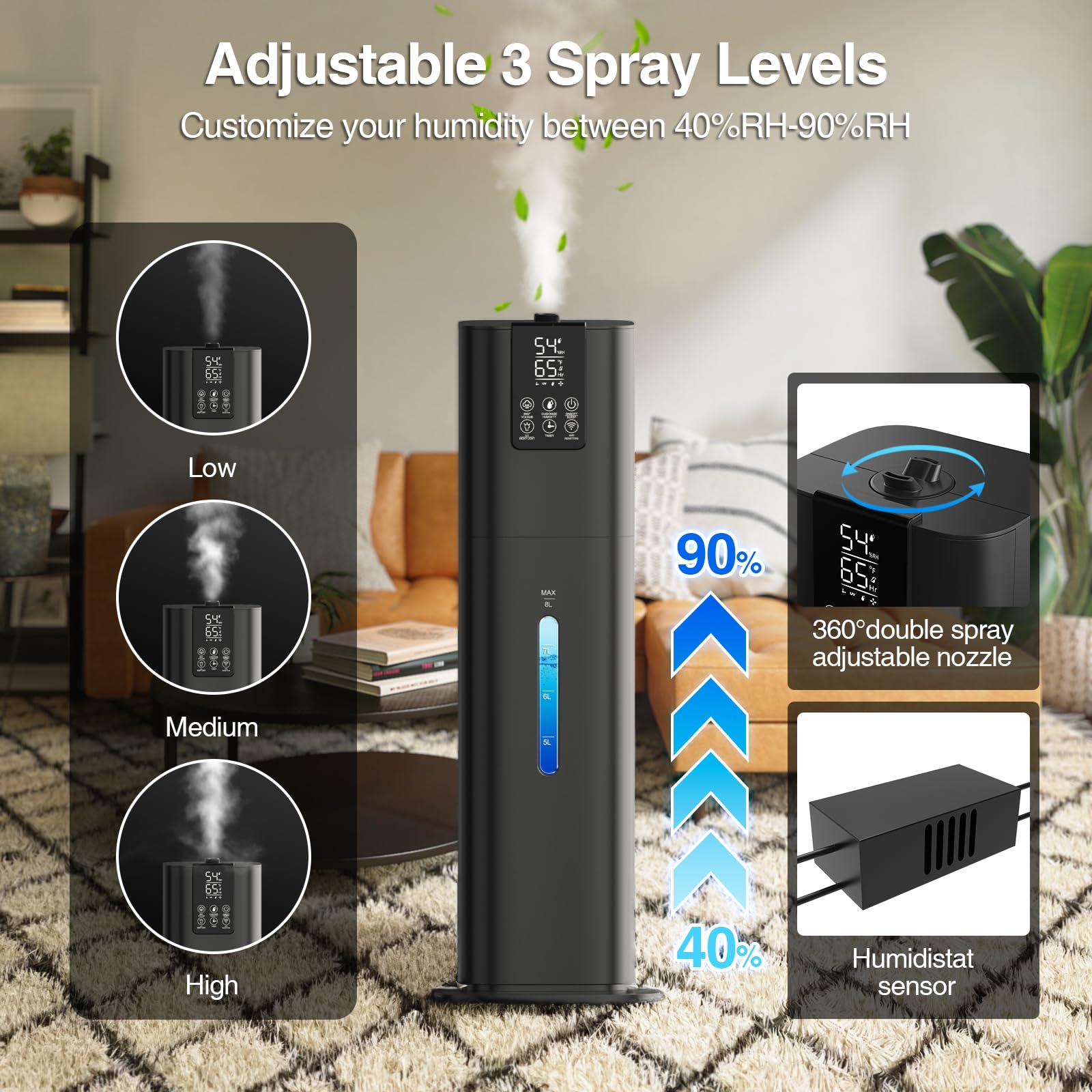 Honovos Smart Humidifiers Large Room Bedroom Home, 2.11Gal(8L) Quiet Top Fill Cool Mist Humidifier, Smart App & Remote Control, 3 Speed Humidifier with 360° Nozzle, Humidity Setting for Baby Office