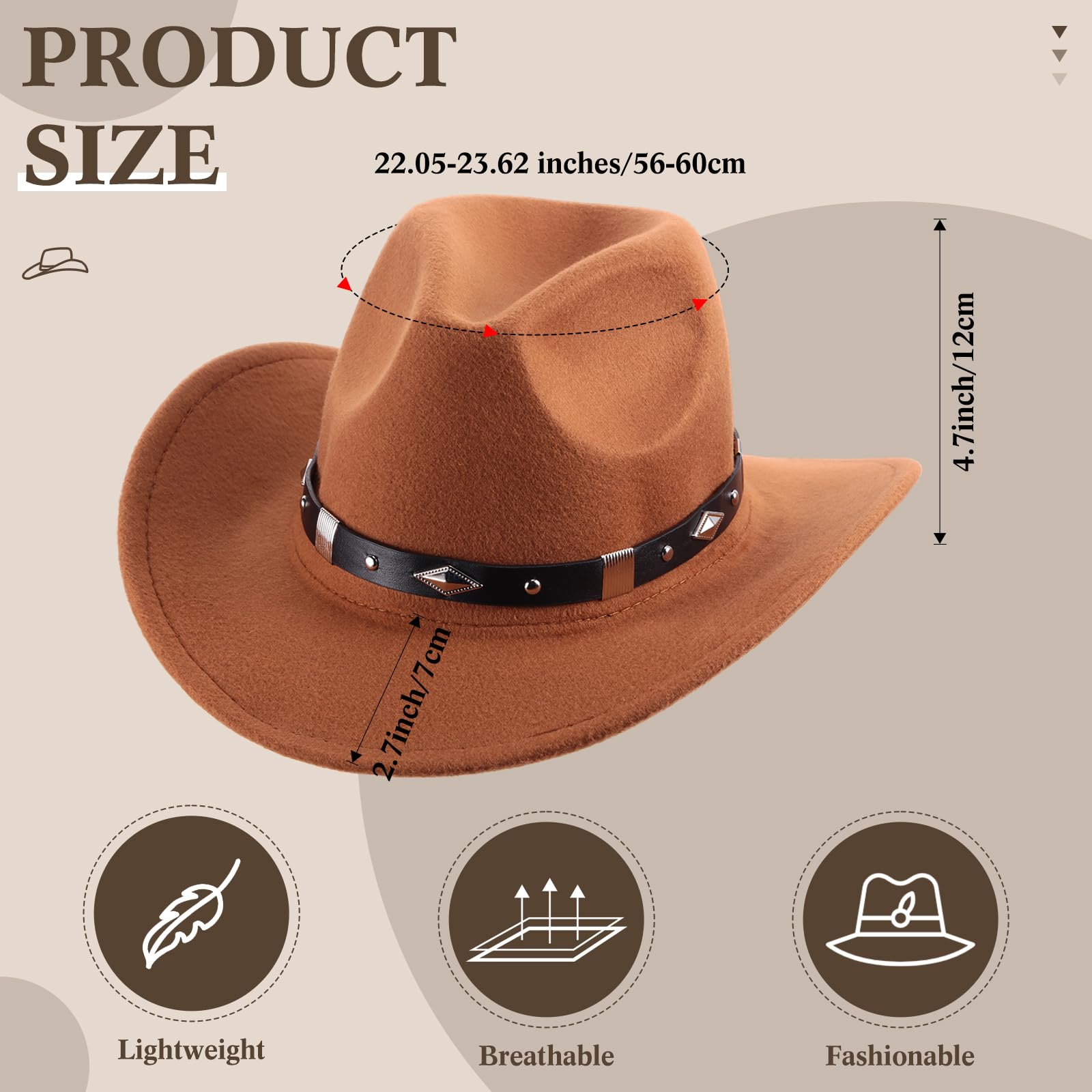 Toulite 5 Pieces Cowboy Hats for Women Men Bulk Classic Western Cowboy Hat Men Felt Wide Brim Cowgirl Hats Women Belt Buckle Panama Hat for Adults Kids