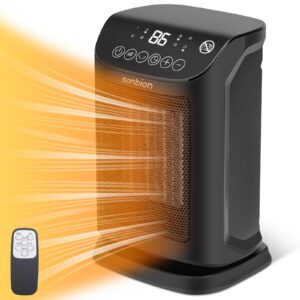 sonbion space heater with remote, 1500w ceramic heater with four modes, portable personal electric heater for office home garage, 70°oscillating heater with thermostat, 12h timer, led display