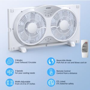 shinic 9" Twin Window Fan with Remote Control,Reversible Airflow,Removable Cover,3 Speeds, 3 Modes, Expandable Panels (From 24" to 37"),ETL Certified, White