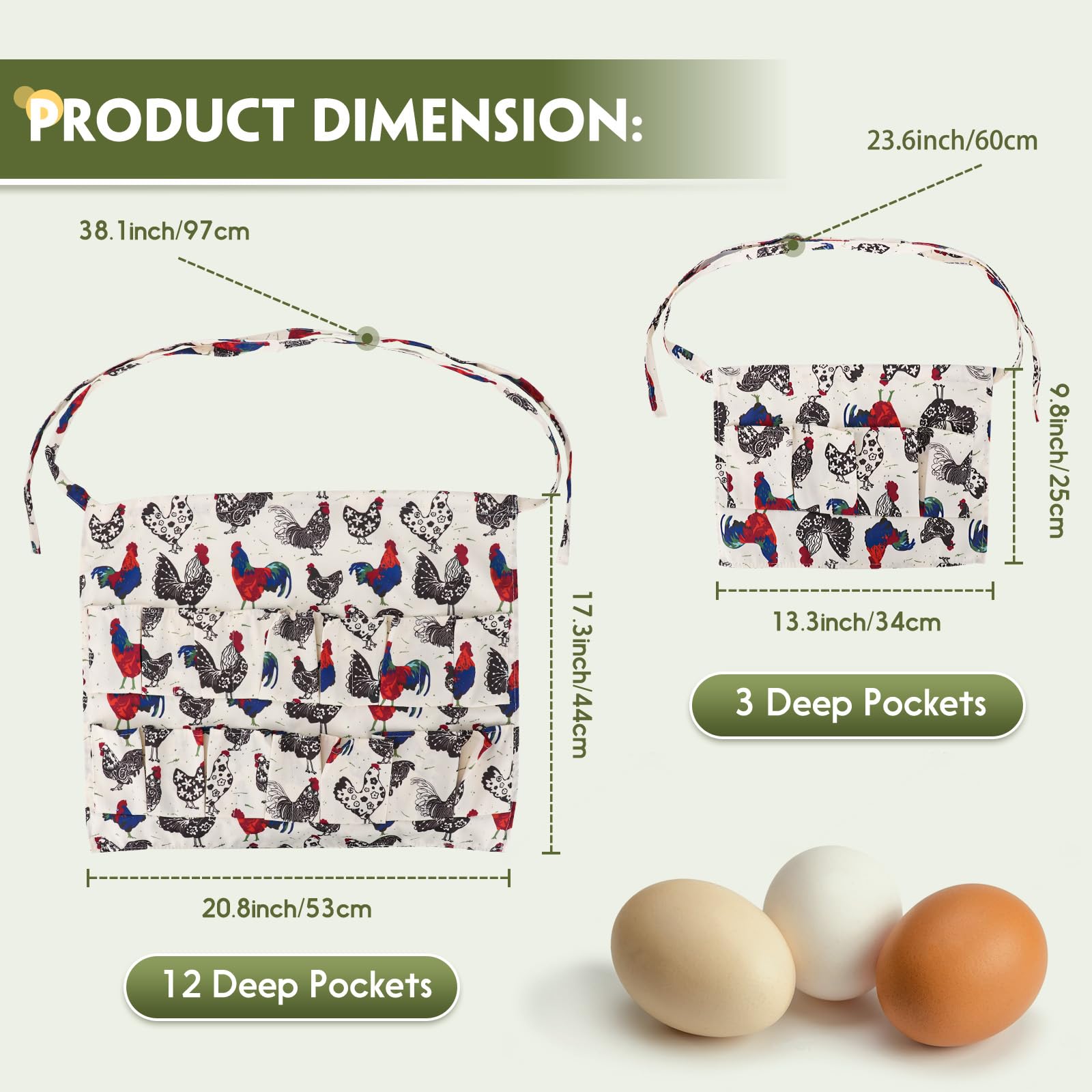 Hossmily 2 Pack Egg Apron, Egg Collecting Apron for Chicken Duck Goose Eggs, Chicken Egg Apron for Housewife Farmhouse Kitchen Restaurant Parent-Child Activities, Adult 12 Pockets &Child 3 Pockets