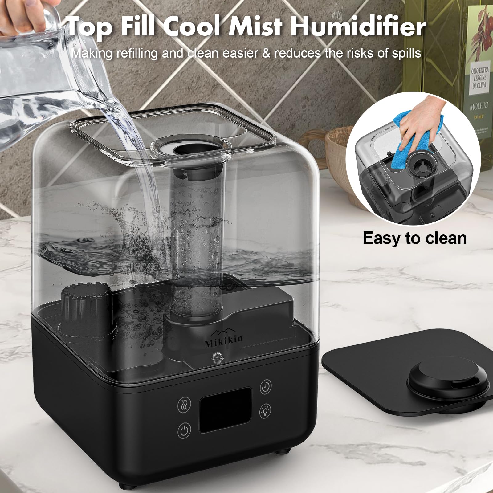 Humidifiers for Bedroom, Cool Mist Humidifiers for Large Room Home Baby, 5L Top Fill Ultrasonic Air Humidifier Quiet for Plants with Remote Control, Essential Oil Diffuser, Rotatable Nozzle - Black