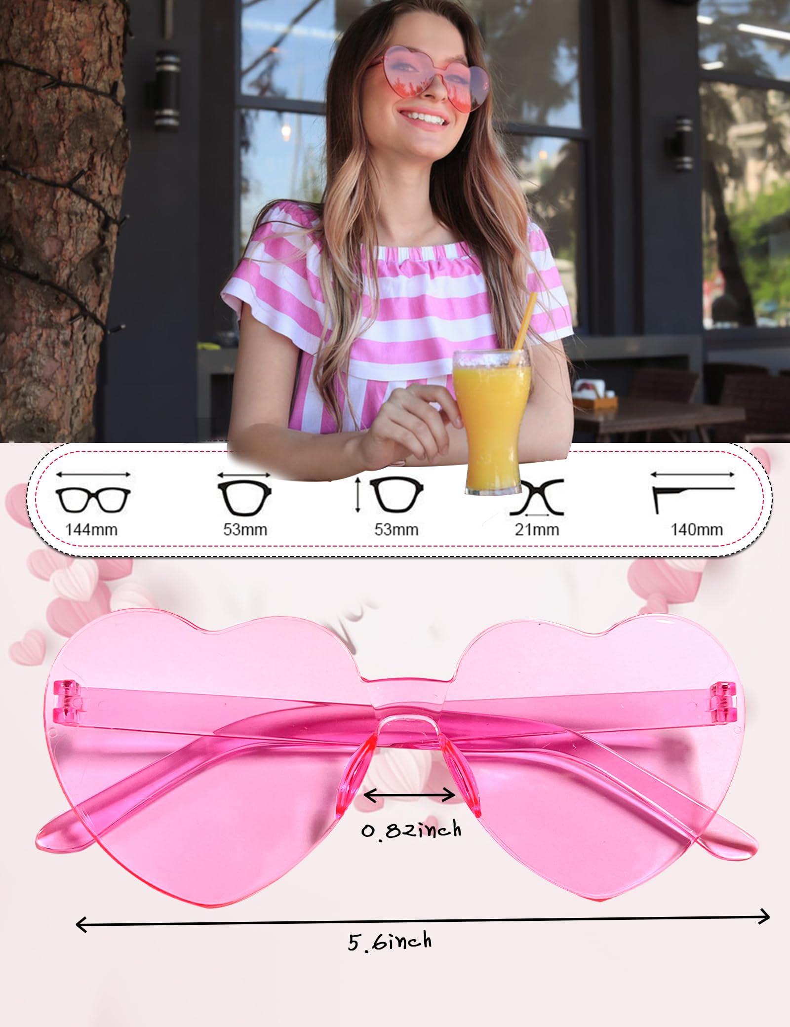 MIUSKATL 18 Pairs Heart Sunglasses, Rimless Heart Shaped Sunglasses Pack, Bulk Heart Sunglasses for Women, Colored Party glasses (Pink)