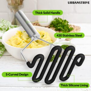 Urbanstrive Non-Scratch Silicone Potato Masher Kitchen Tool, Potatoes Masher Potato Masher Stainless Steel Wrapped In Premium Silicone, Potato Smasher, Black