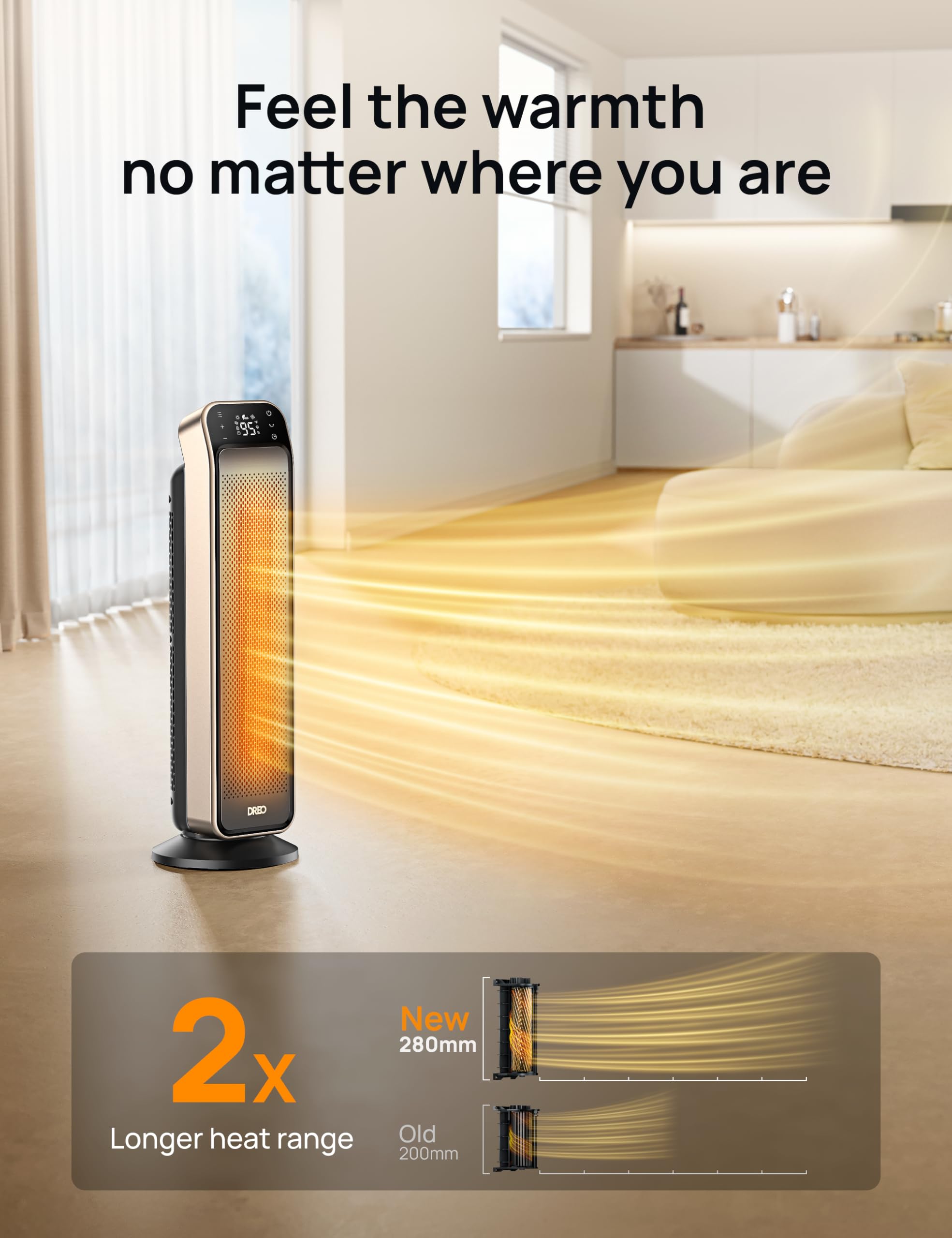 Dreo Space Heater for Indoor Use, 25" 11.5ft/s Fast Electric Heater with Remote and Thermostat, 3 Modes, Overheating & Tip-Over Protection, Portable Heater for Large Room, Bedroom, Office, Gold