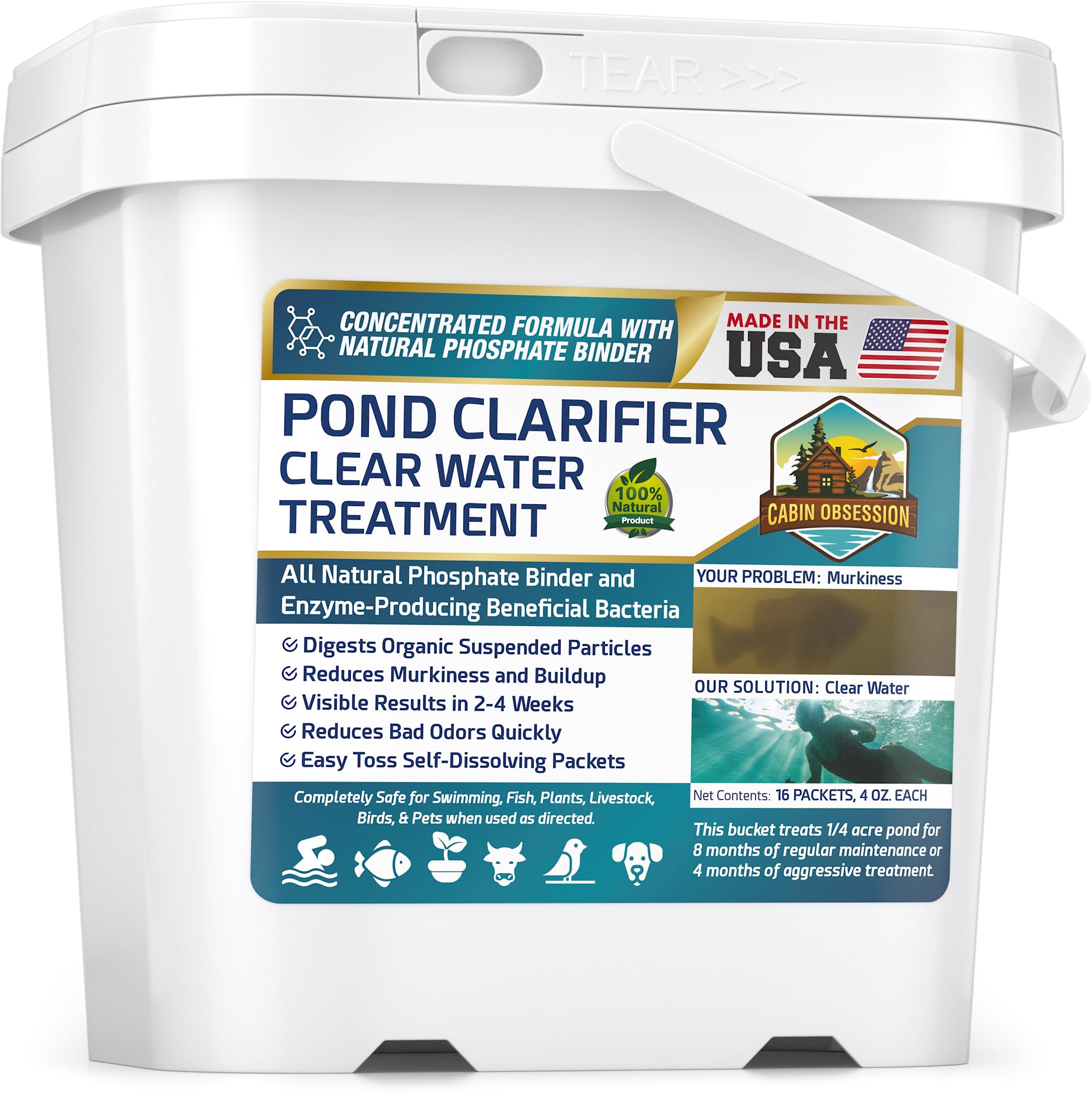 Pond Clear Water Treatment - 16 Pack for 8 Months of Pond Cleaner Supply - Pond Clarifier for Outdoor Ponds – 100% Natural Pond Bacteria Packets - Made in The USA - Safe for Fish, Pets, and Swimming