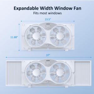 shinic 9" Twin Window Fan with Remote Control,Reversible Airflow,Removable Cover,3 Speeds, 3 Modes, Expandable Panels (From 24" to 37"),ETL Certified, White