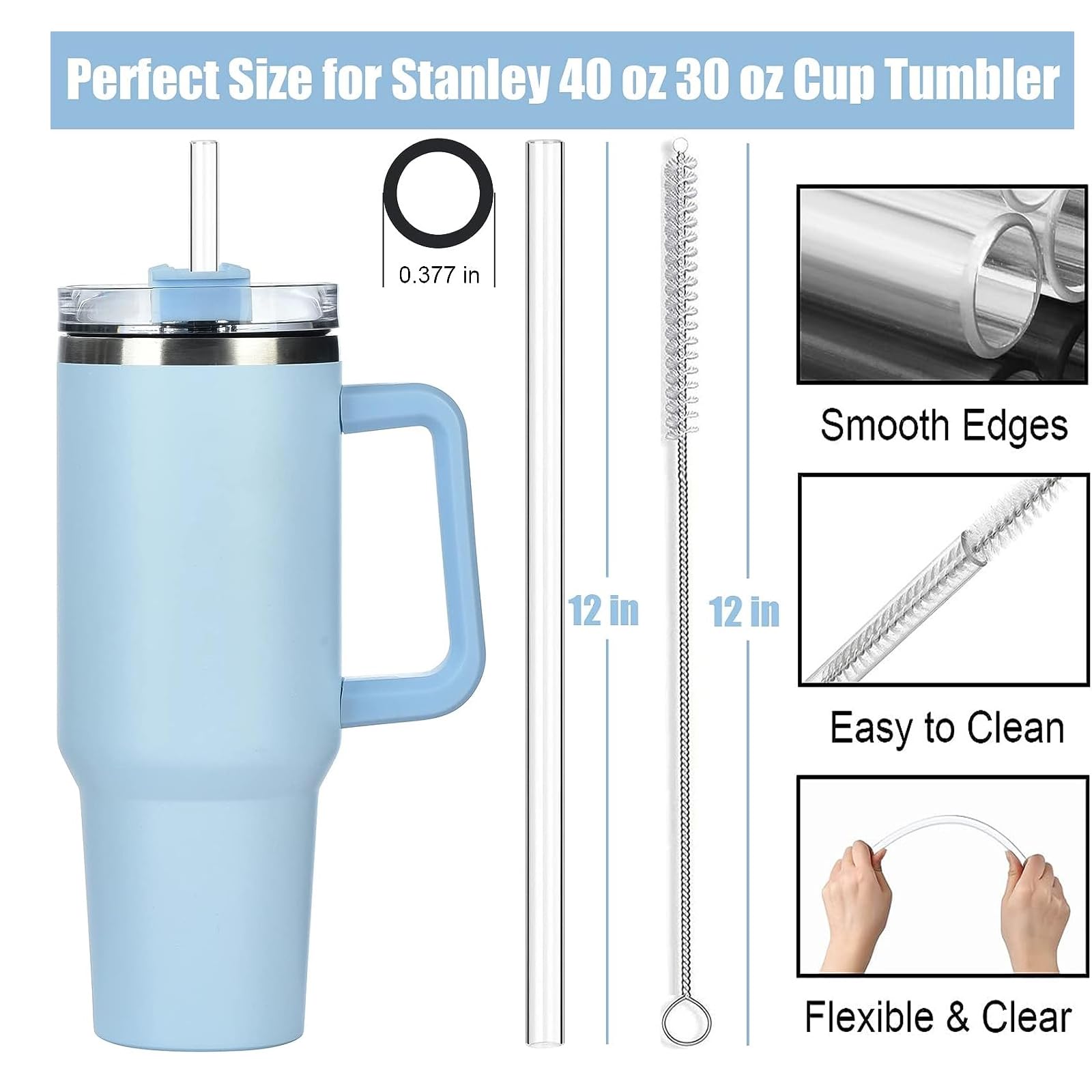 14 Pack Replacement Straws for 40 oz Stanley Adventure Travel Tumbler Cup, Reusable Straws Colored Plastic Straws with Cleaning Brush, Compatible with 40oz 30oz 20oz 14oz Stanley Water Jug, 12inch