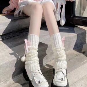 Brexiamin Long Lolita Leg Warmers for Women Harajuku Japanese Wool Cable Knit Thigh High Leg Warmers Loose Socks (Pink)