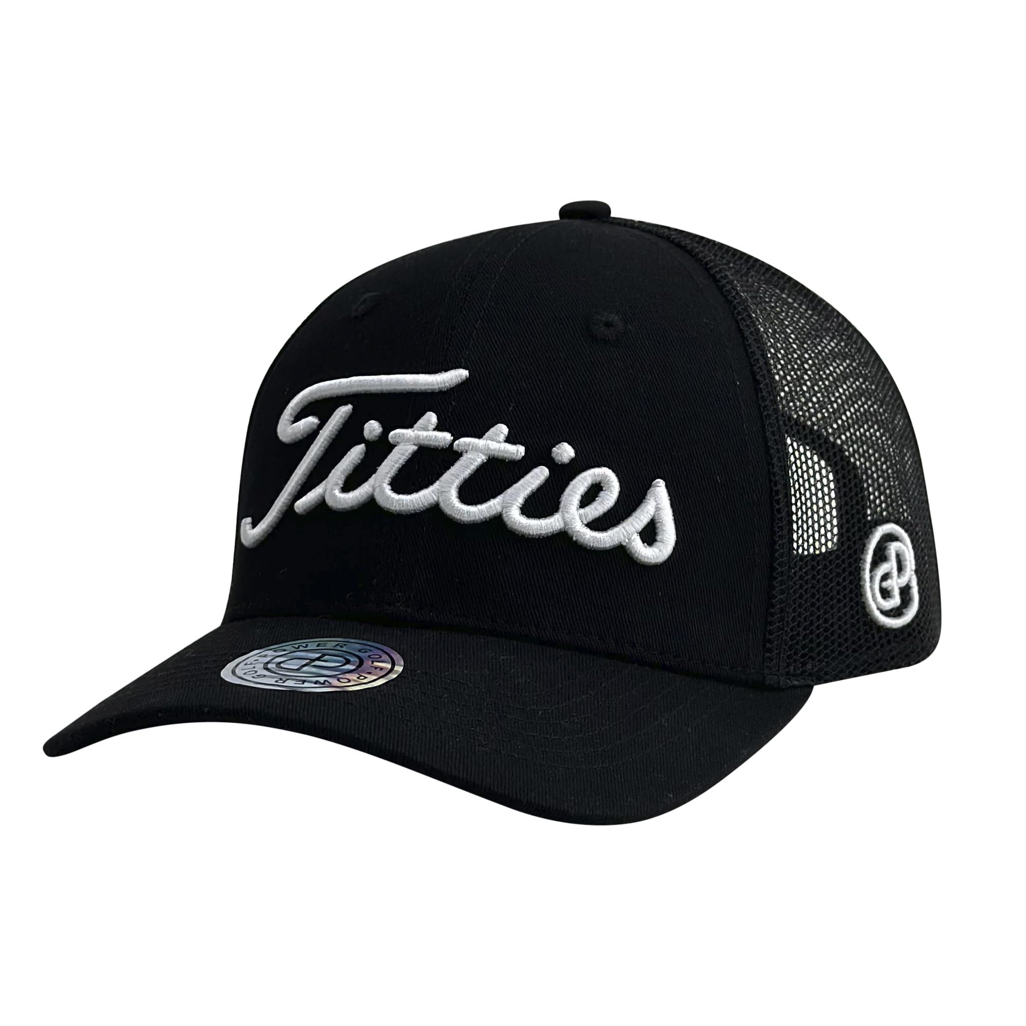 GP POWER GOLF Original Titties Mesh Hat - White Trucker Cap with Adjustable Strapback (Black)